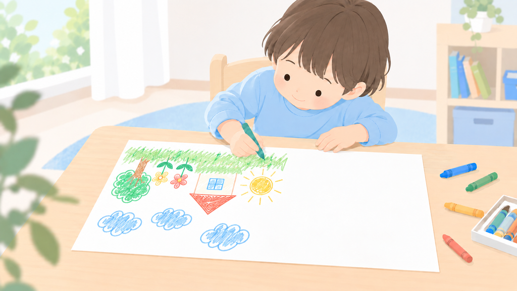 正中線　画用紙の利き手側だけにお絵描き