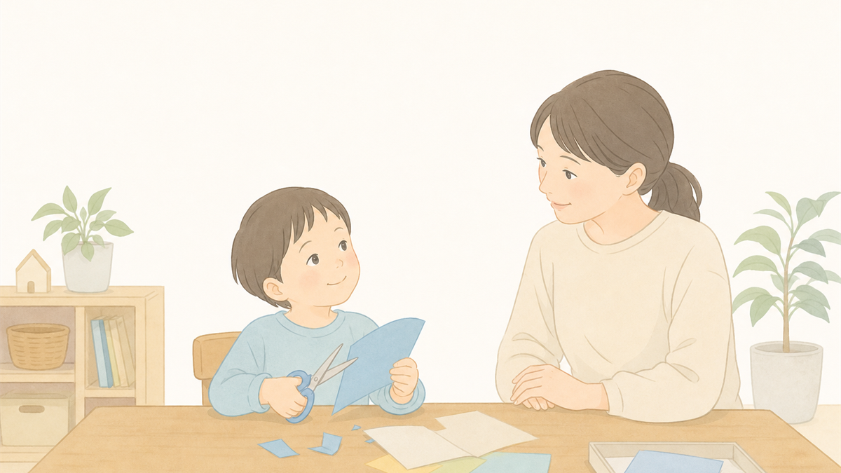 はさみで紙を切りながら手元から視線をそらす子どものイラスト