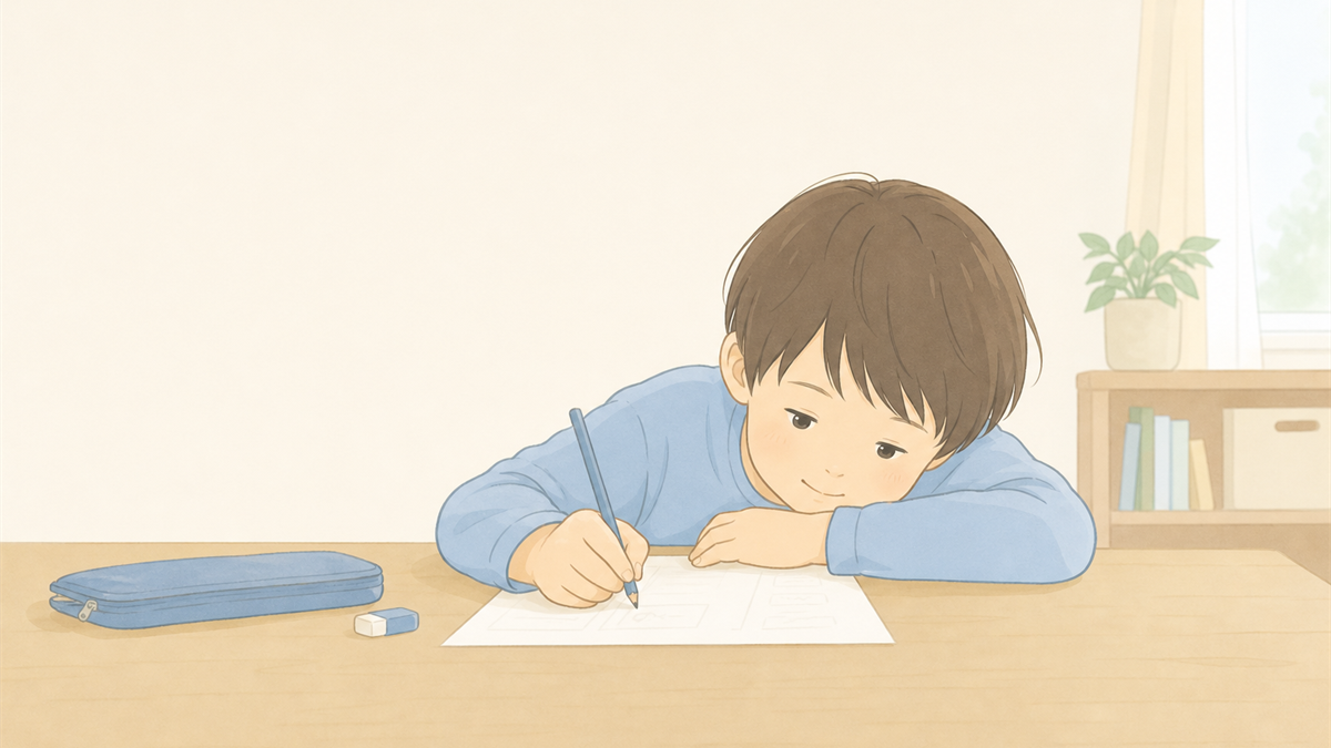 机に上体を預けてプリントに取り組む子どものイラスト