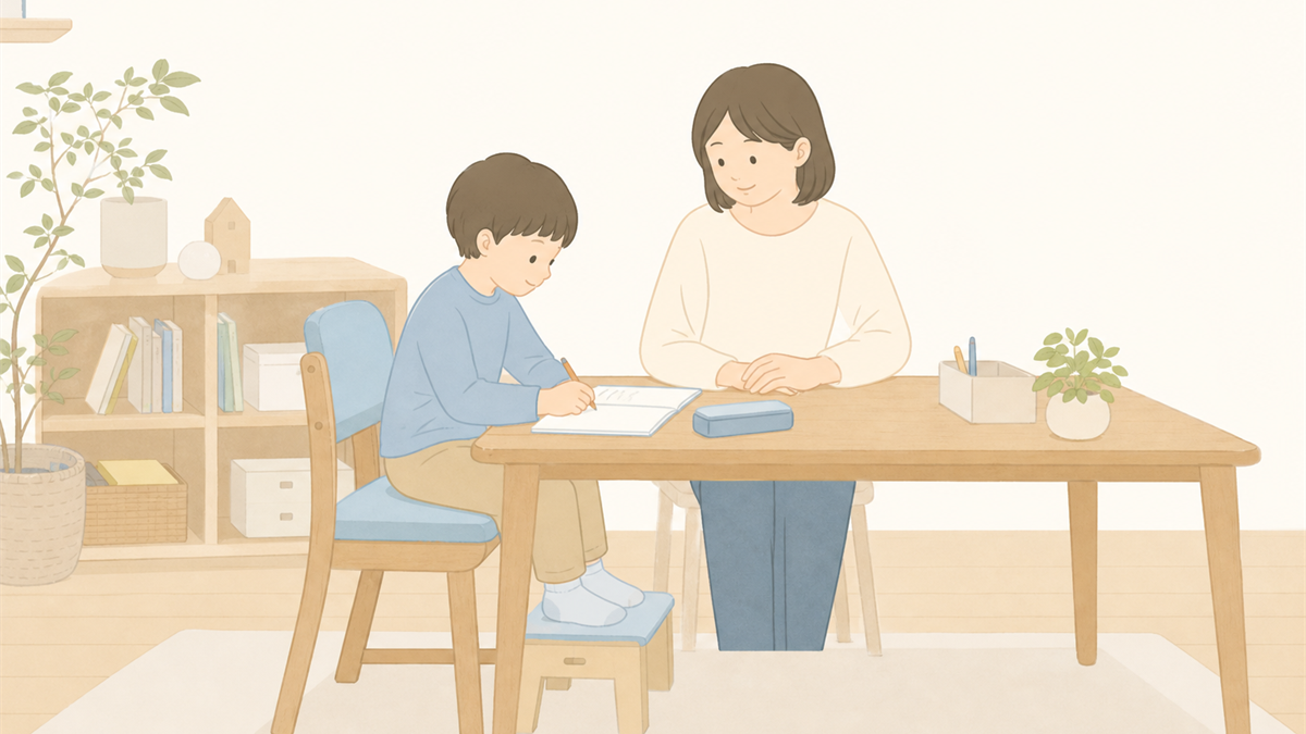 足台のある椅子で落ち着いて宿題に取り組む子どものイラスト