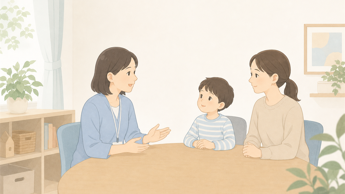 親子とセラピストが穏やかに相談しているイラスト
