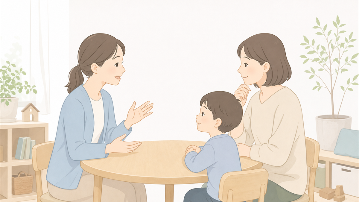 親子とセラピストが穏やかに相談しているイラスト