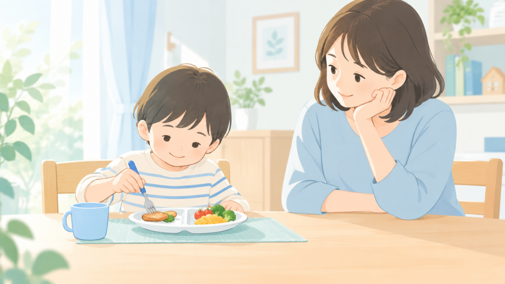 正中線　食具を使って食べる　反対側へ手が伸びにくい