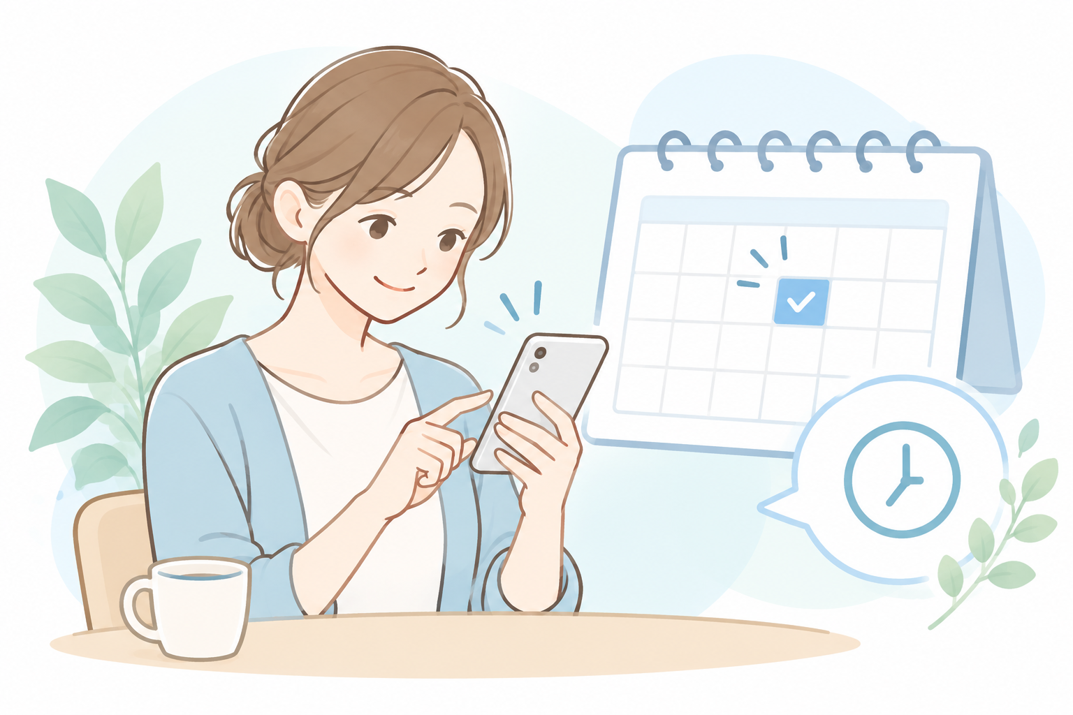 カレンダーを見ながら日程を決める女性
