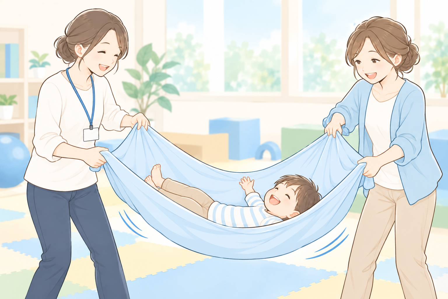 親子で青いハンモック遊びを楽しむ様子