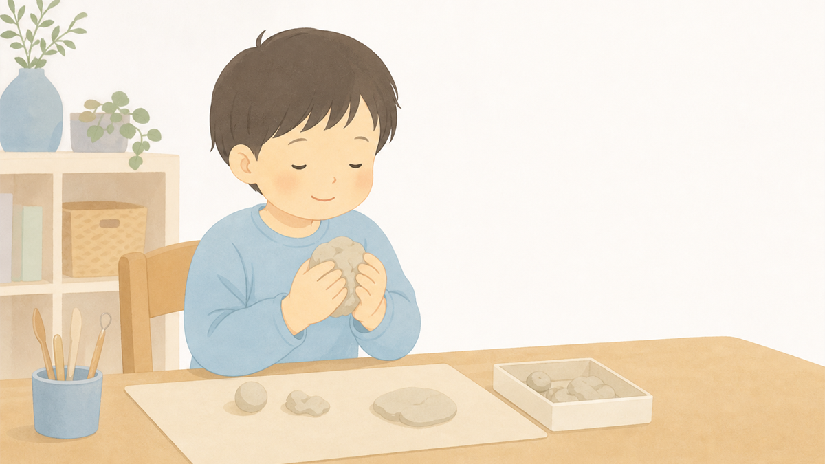 粘土を両手で握って感触を味わう子どものイラスト