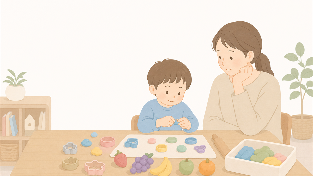 粘土の型抜きで遊ぶ子どもと見守る保護者のイラスト