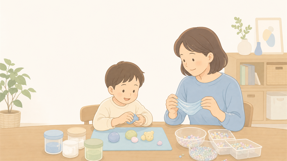 保護者と子どもが粘土やスライムの感覚遊びを楽しむイラスト